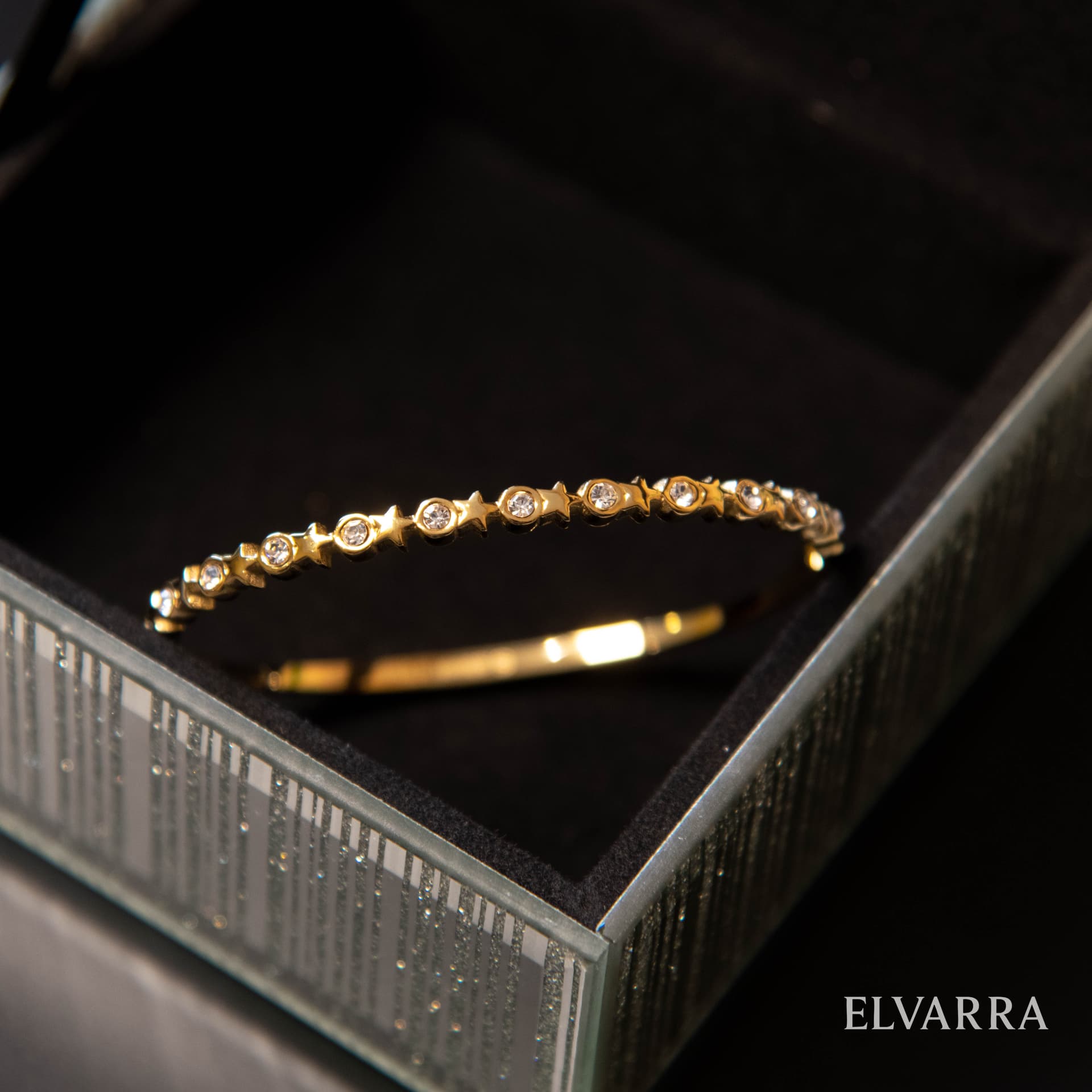 Stainless Steel Gold-color Plated Geometric Trendy Bangle  Interval Zircon size 2.4 (2.25 inch) stainless steel jewellery by Elvarra