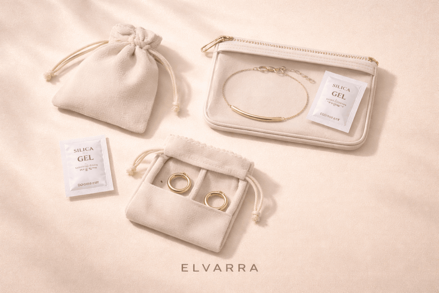 Storing anti-tarnish jewellery in separate pouches with silica gel