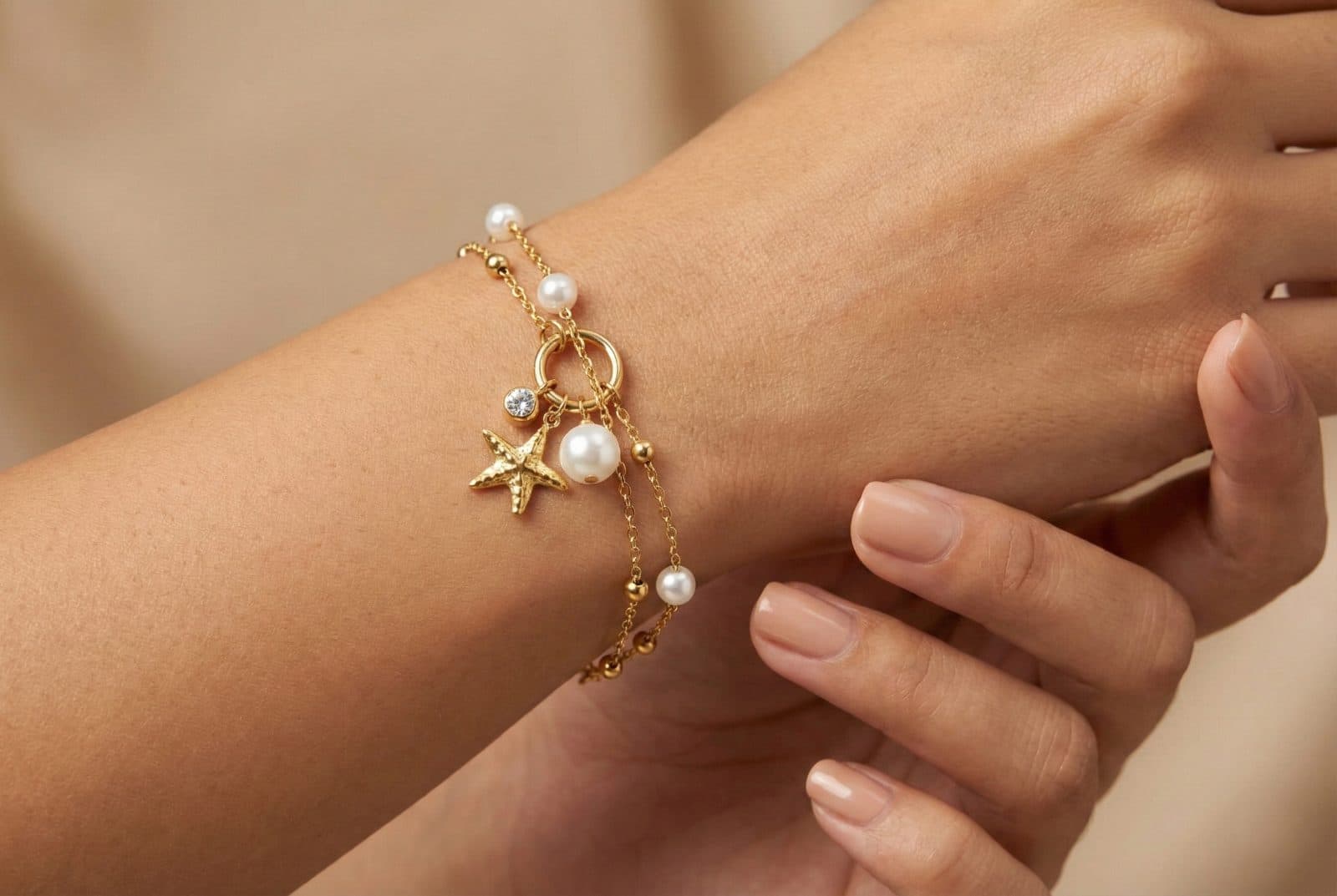 Stainless Steel Bracelet Double Layer Pearl Flower Starfish minimal jewellery by Elvarra