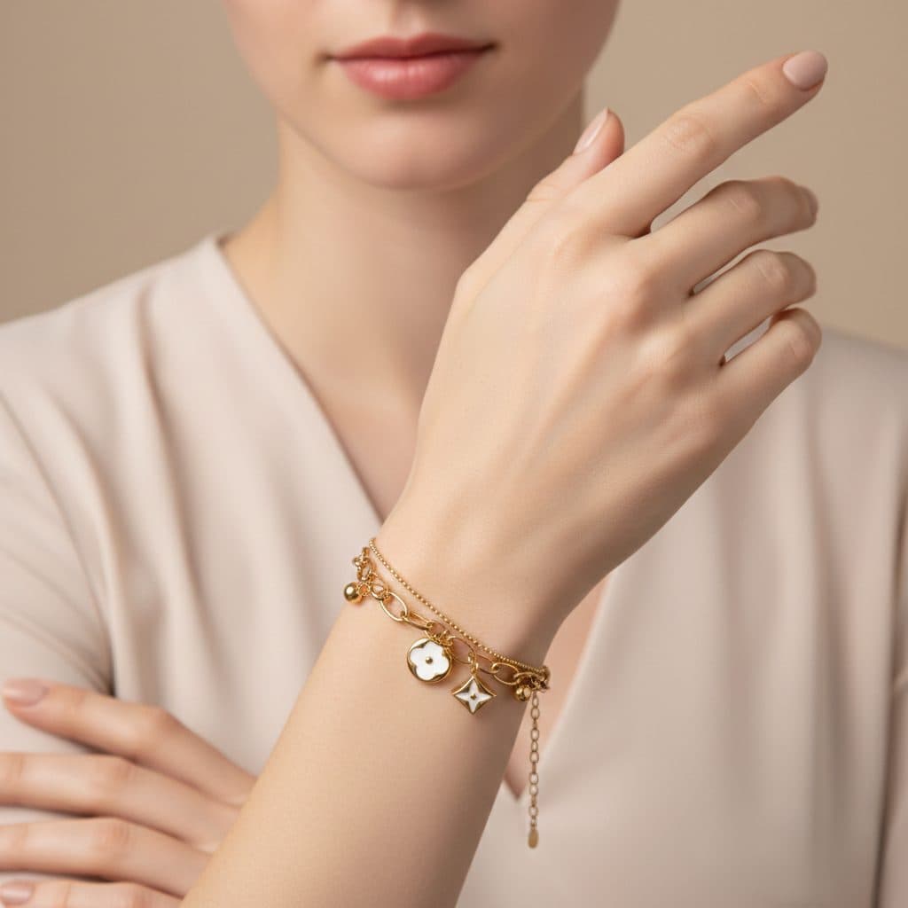 Stainless Steel 18k Gold Eye Leaf Double Layers Bracelet Women Jewelry Bracelets minimal jewellery by Elvarra