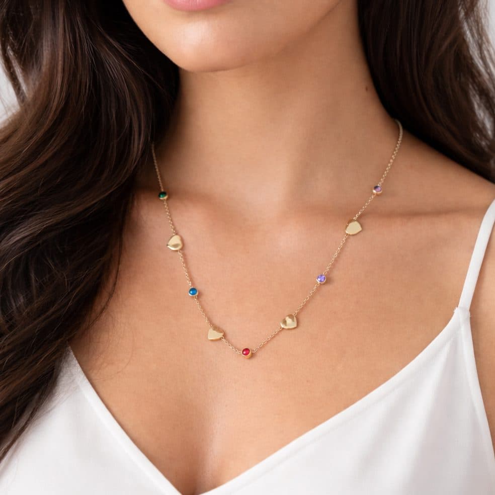 Stainless Steel Minimal Elegant Heart and Colourful Round Crystal Necklace minimal jewellery by Elvarra