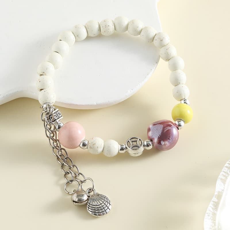 White Ceramic Beaded Bracelet with Metal Charm – Elegant Statement Bracelet minimal jewellery by Elvarra