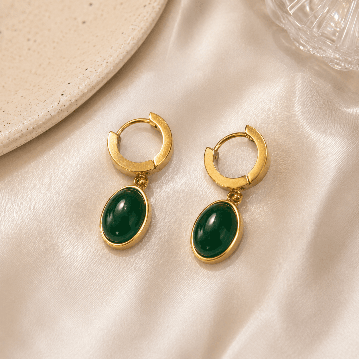Emerald Green Oval Drop Hoop Earrings – Gold Plated Elegant Statement Earrings minimal jewellery by Elvarra