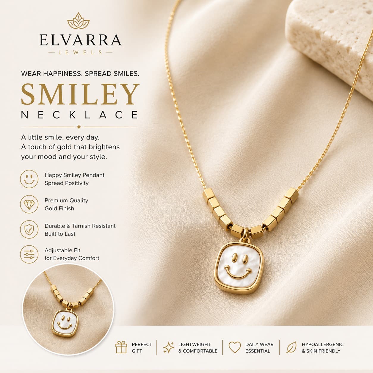 Elvarra Anti-Tarnish Smiley Necklace – Everyday Luxury Pendan stainless steel jewellery by Elvarra
